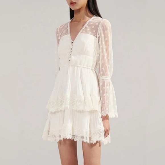 NEW Self-Portrait Chiffon Lace Tiered Mini Dress White Ivory | size UK 8 / US 4 - Picture 1 of 16